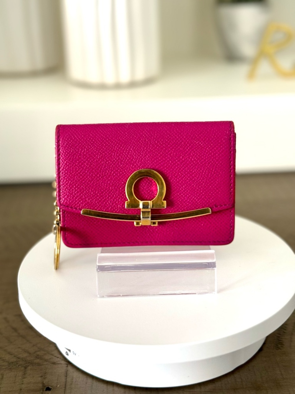 Fuchsia Leather Card Case with Gold Hardware